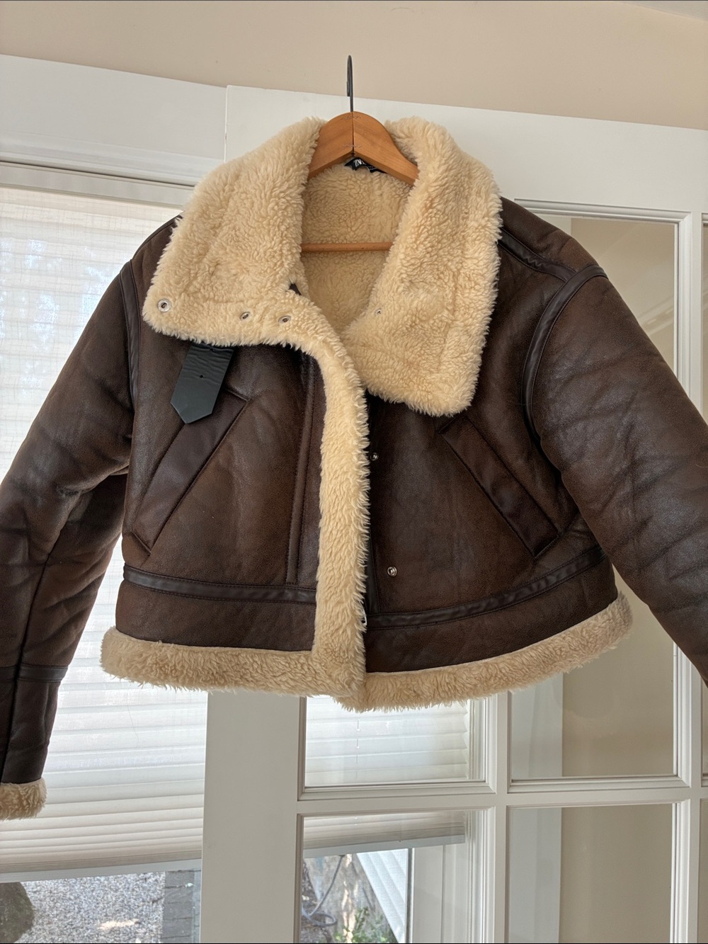 Zara Women's Brown Shearling Bomber Jacket with Cream Trim